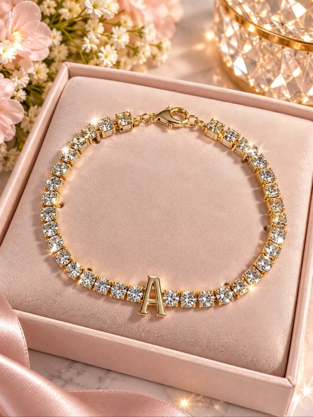 Gold Tone Crystal Tennis Bracelet with Letter A Initial Charm Sparkling Personal